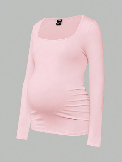Maternity Ruched Square Neck Long Sleeve T-Shirt - Slim Fit High Stretch Knitted Pregnancy Top - Versatile Plain Daily Maternity Tee