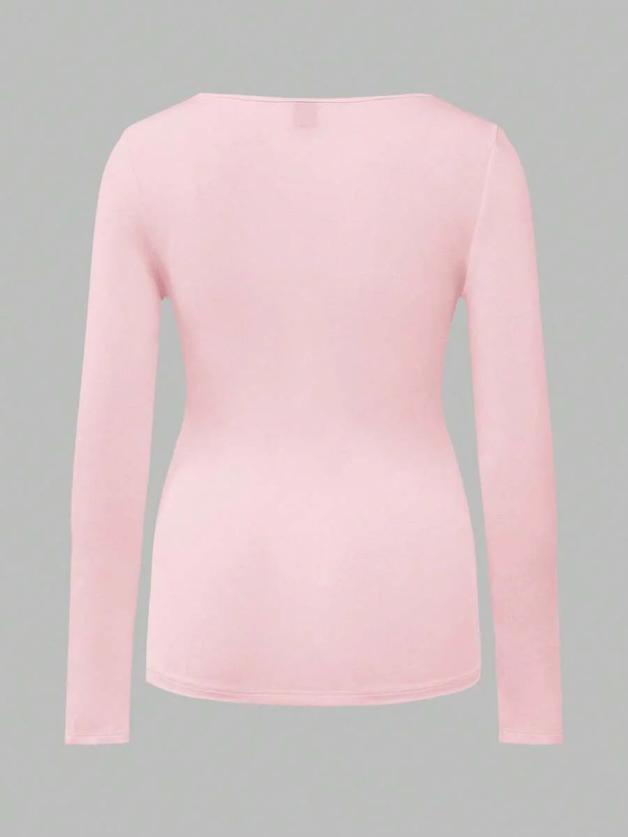 Maternity Ruched Square Neck Long Sleeve T-Shirt - Slim Fit High Stretch Knitted Pregnancy Top - Versatile Plain Daily Maternity Tee
