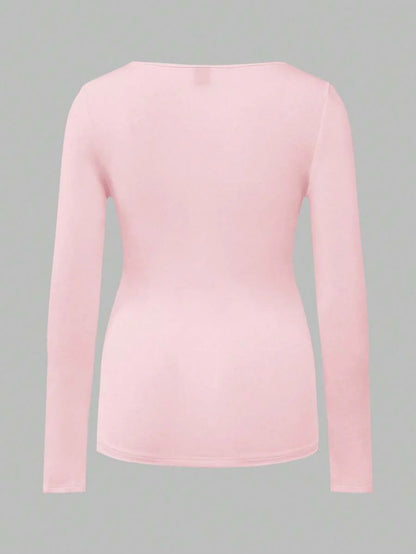 Maternity Ruched Square Neck Long Sleeve T-Shirt - Slim Fit High Stretch Knitted Pregnancy Top - Versatile Plain Daily Maternity Tee