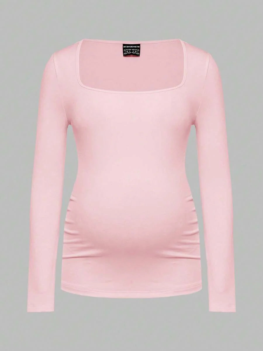 Maternity Ruched Square Neck Long Sleeve T-Shirt - Slim Fit High Stretch Knitted Pregnancy Top - Versatile Plain Daily Maternity Tee