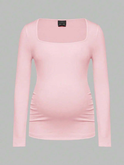Maternity Ruched Square Neck Long Sleeve T-Shirt - Slim Fit High Stretch Knitted Pregnancy Top - Versatile Plain Daily Maternity Tee
