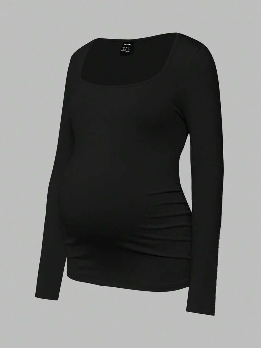 Maternity Ruched Square Neck Long Sleeve T-Shirt - Slim Fit High Stretch Knitted Pregnancy Top - Versatile Plain Daily Maternity Tee