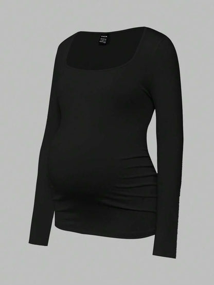 Maternity Ruched Square Neck Long Sleeve T-Shirt - Slim Fit High Stretch Knitted Pregnancy Top - Versatile Plain Daily Maternity Tee