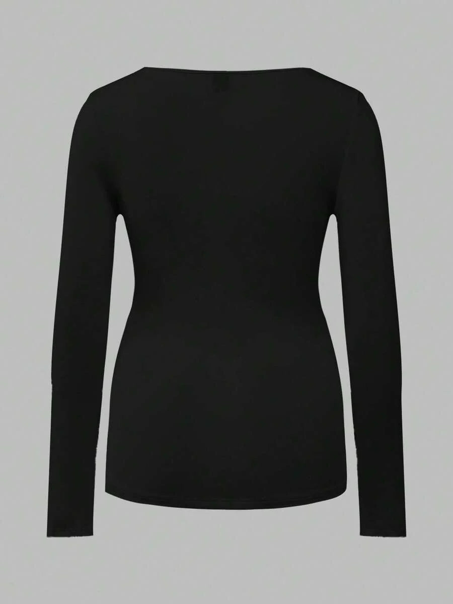 Maternity Ruched Square Neck Long Sleeve T-Shirt - Slim Fit High Stretch Knitted Pregnancy Top - Versatile Plain Daily Maternity Tee