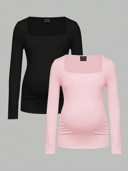 Maternity Ruched Square Neck Long Sleeve T-Shirt - Slim Fit High Stretch Knitted Pregnancy Top - Versatile Plain Daily Maternity Tee