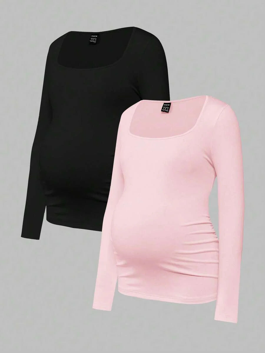Maternity Ruched Square Neck Long Sleeve T-Shirt - Slim Fit High Stretch Knitted Pregnancy Top - Versatile Plain Daily Maternity Tee