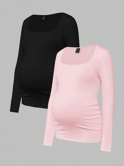Maternity Ruched Square Neck Long Sleeve T-Shirt - Slim Fit High Stretch Knitted Pregnancy Top - Versatile Plain Daily Maternity Tee