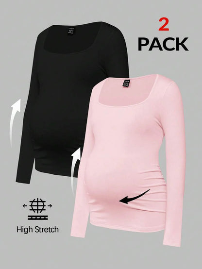 Maternity Ruched Square Neck Long Sleeve T-Shirt - Slim Fit High Stretch Knitted Pregnancy Top - Versatile Plain Daily Maternity Tee