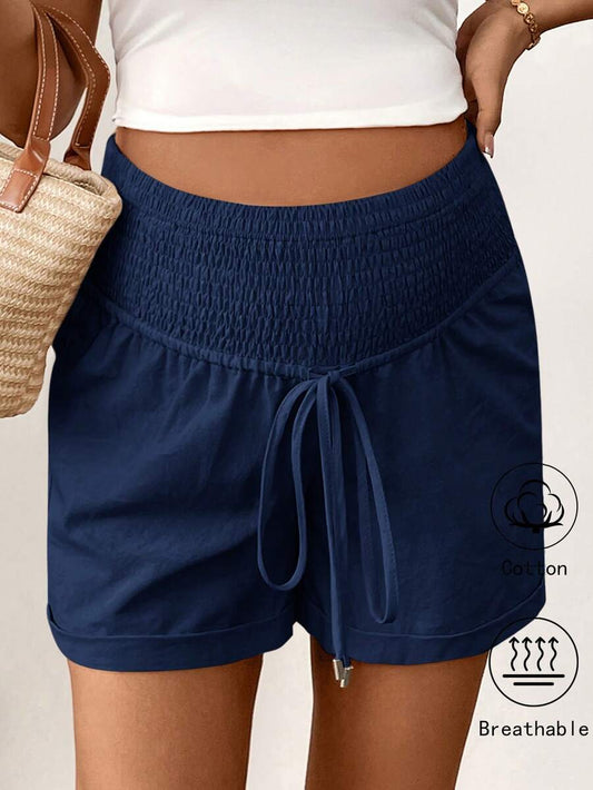 Maternity Linen Shorts - Drawstring High Waist Casual Loose Fit Solid Color Beach Vacation, Summer