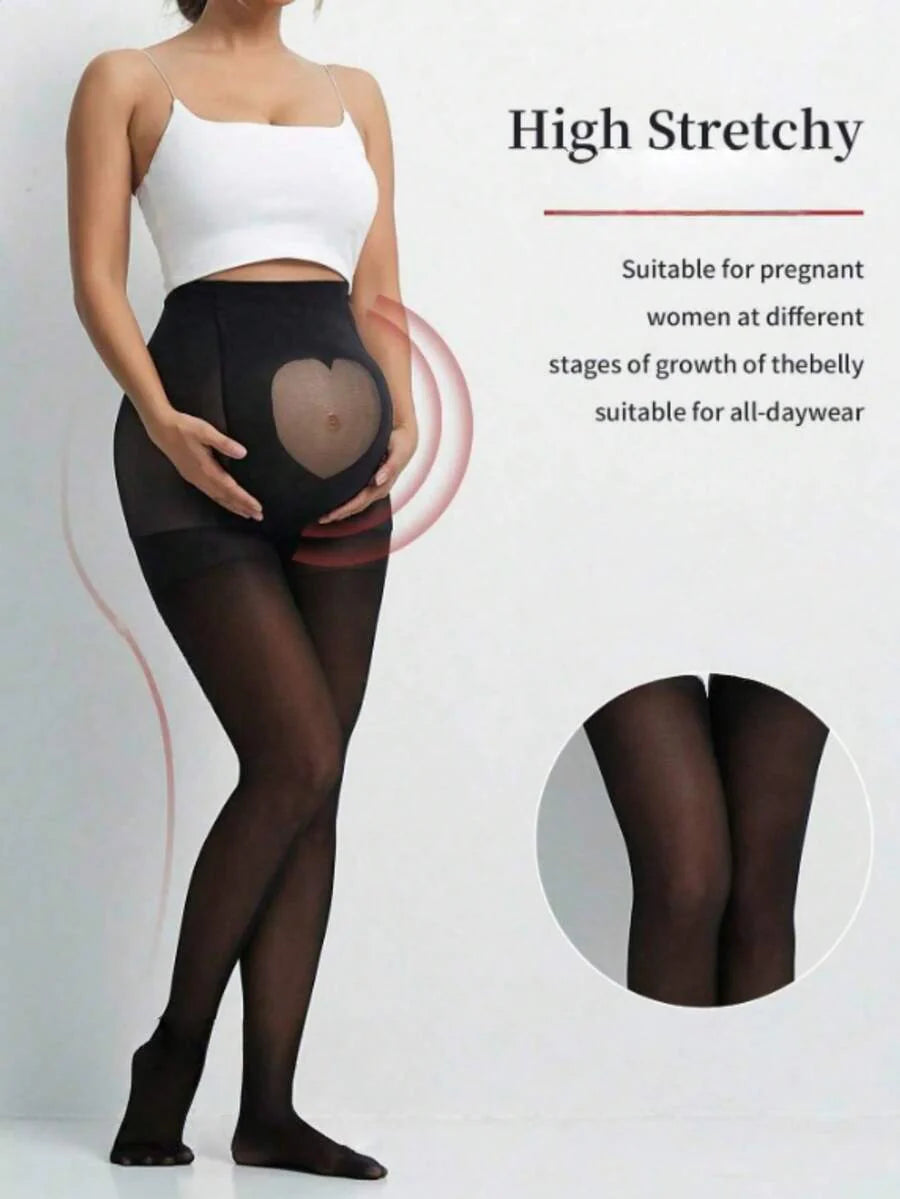 Maternity Heart Pattern Pantyhose - Black Semi-Sheer Fashionable Tights for Third Trimester Wedding and Holiday Outfits