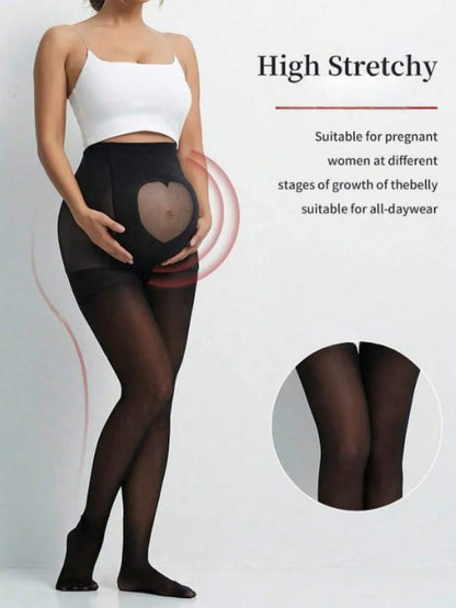 Maternity Heart Pattern Pantyhose - Black Semi-Sheer Fashionable Tights for Third Trimester Wedding and Holiday Outfits