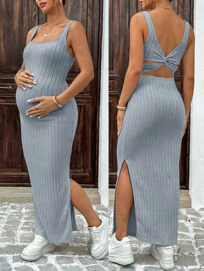 Maternity Solid Color Casual Ribbed Open Back Sleeveless Dress Two Piece Set Cut Out Maxi Skirt With
