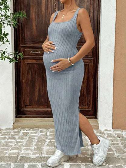 Maternity Solid Color Casual Ribbed Open Back Sleeveless Dress Two Piece Set Cut Out Maxi Skirt With