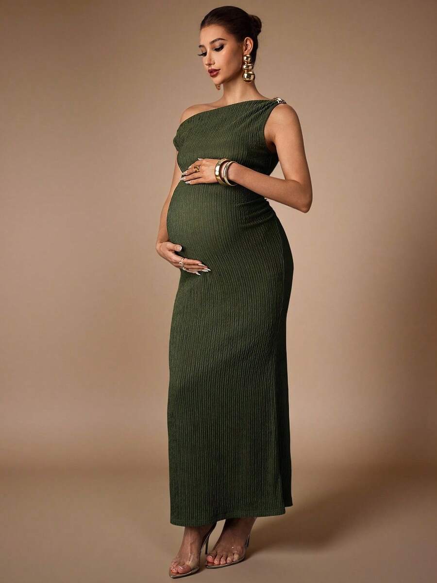Maternity Casual Oblique Shoulder Sleeveless Long Dress Elegant Dresses Baby Shower Pregnancy Photoshoot Green Pregnant Bump Friendly