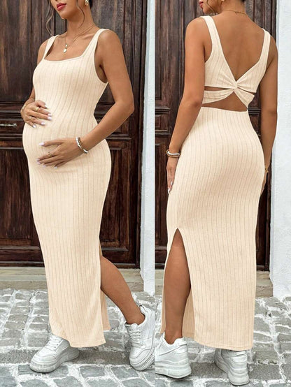 Maternity Summer Minimalist Ribbed Twist Back Slit Midi Dress Apricot Sleeveless Cami Dress for Babymoon