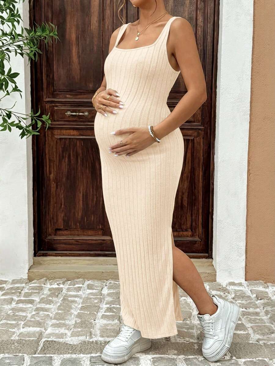 Maternity Solid Color Casual Ribbed Open Back Sleeveless Dress Two Piece Set Cut Out Maxi Skirt With