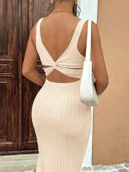 Dusty Pink Ribbed Maternity Bodycon Midi Dress with Twist Back and Side Slit Hem - Sleeveless Summer Knit Cami Dress