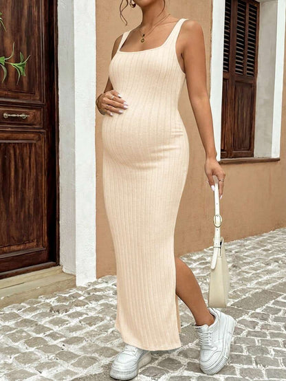 Maternity Summer Minimalist Ribbed Twist Back Slit Midi Dress Apricot Sleeveless Cami Dress for Babymoon