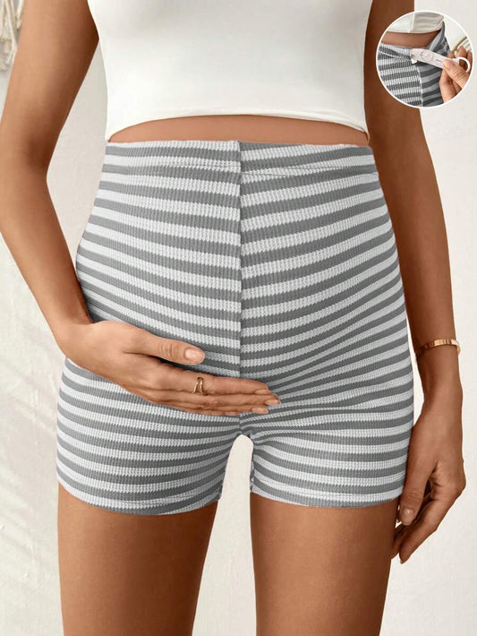 Maternity Striped Biker Shorts - Adjustable Waist Mid-Thigh Summer Casual