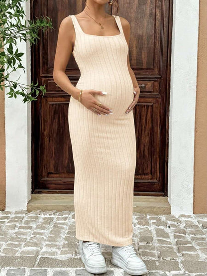Maternity Summer Minimalist Ribbed Twist Back Slit Midi Dress Apricot Sleeveless Cami Dress for Babymoon