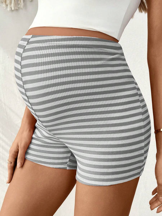 Maternity Striped Biker Shorts - Adjustable Waist Mid-Thigh Summer Casual