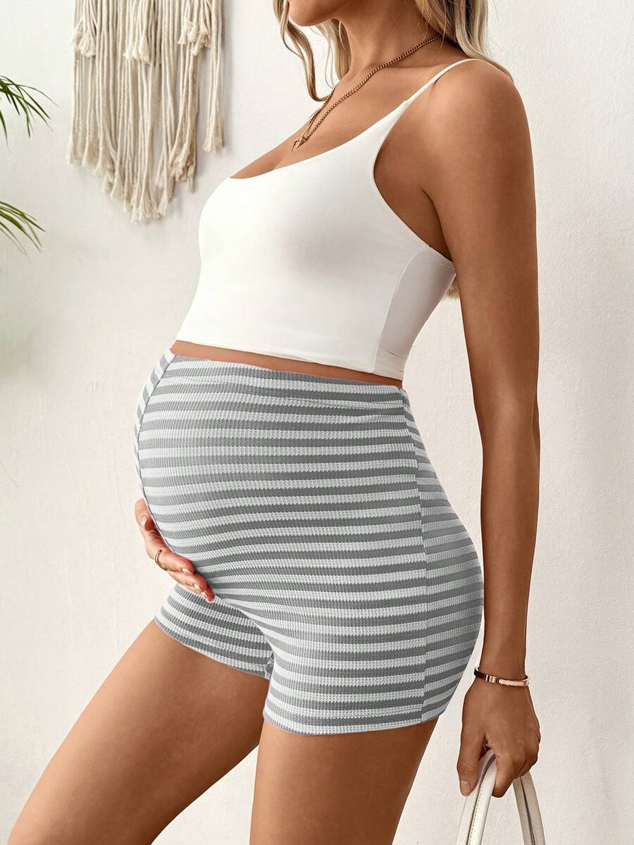 Grey Maternity Casual Skinny Track Shorts - Adjustable Elastic Waist Summer Mini Shorts - Everyday Commute Solid Color Grey Maternity Bottoms