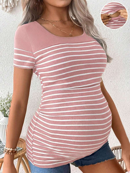 Maternity Colorblock Striped Short Sleeve Nursing T-Shirt - Slim Fit Rib-Knit Breastfeeding Scoop Neck Top