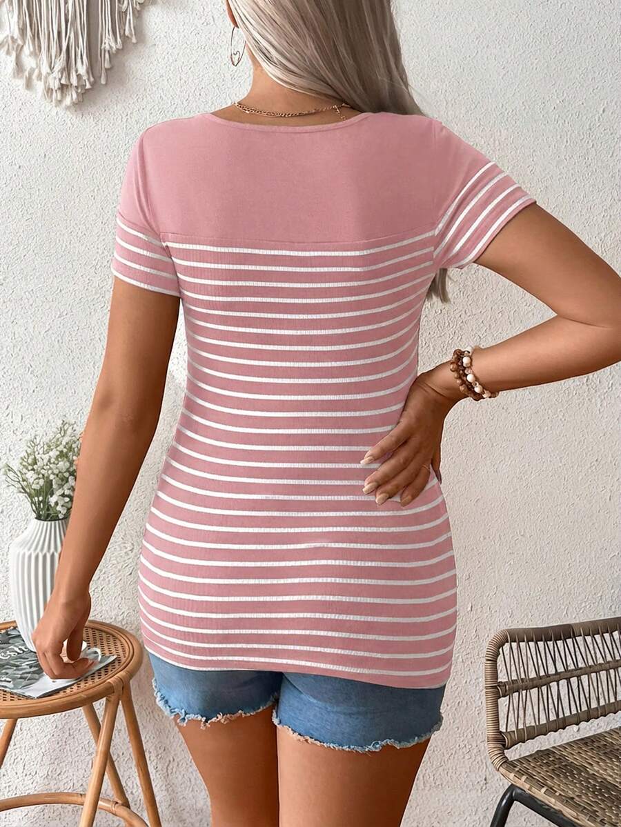 Maternity Striped Short Sleeve Nursing T-Shirt Brown Scoop Neck High Stretch Slim Fit Casual Summer Beach Nursing Top