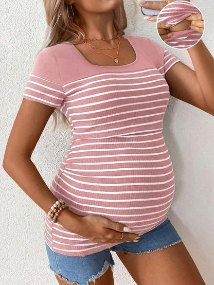 Maternity Striped Short Sleeve Nursing T-Shirt Brown Scoop Neck High Stretch Slim Fit Casual Summer Beach Nursing Top