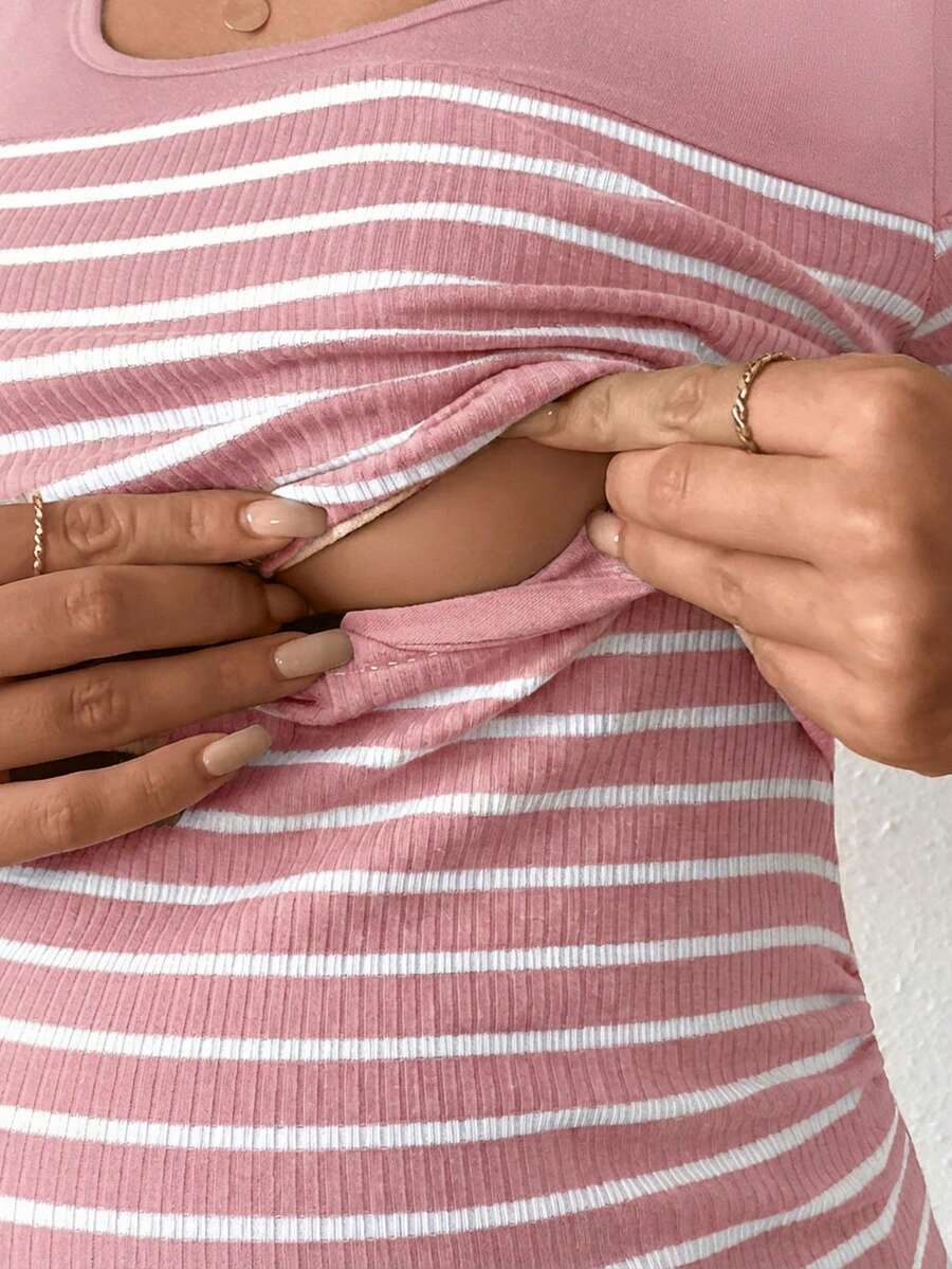Maternity Colorblock Striped Short Sleeve Nursing T-Shirt - Slim Fit Rib-Knit Breastfeeding Scoop Neck Top