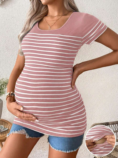 Maternity Striped Short Sleeve Nursing T-Shirt Brown Scoop Neck High Stretch Slim Fit Casual Summer Beach Nursing Top