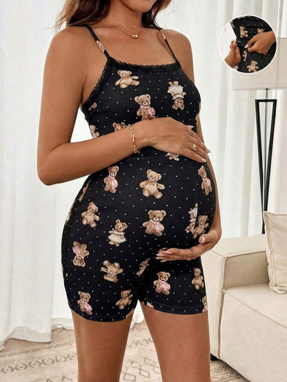 Teddy Bear & Polka Dot Print Maternity 2-Piece Cami Set - Lace Trim Ruffle Crop Top & Shorts Set with Cold Shoulder Detail