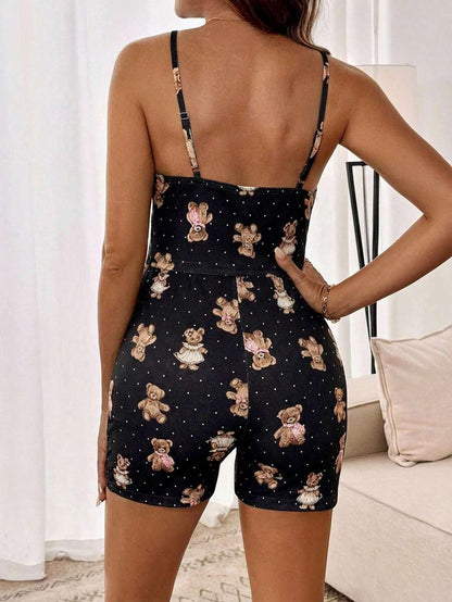 Teddy Bear & Polka Dot Print Maternity 2-Piece Cami Set - Lace Trim Ruffle Crop Top & Shorts Set with Cold Shoulder Detail