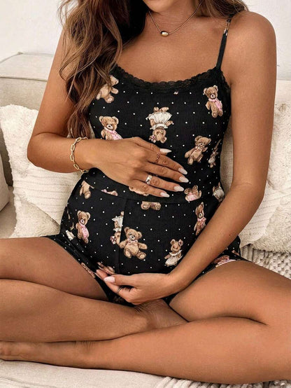 Teddy Bear & Polka Dot Print Maternity 2-Piece Cami Set - Lace Trim Ruffle Crop Top & Shorts Set with Cold Shoulder Detail