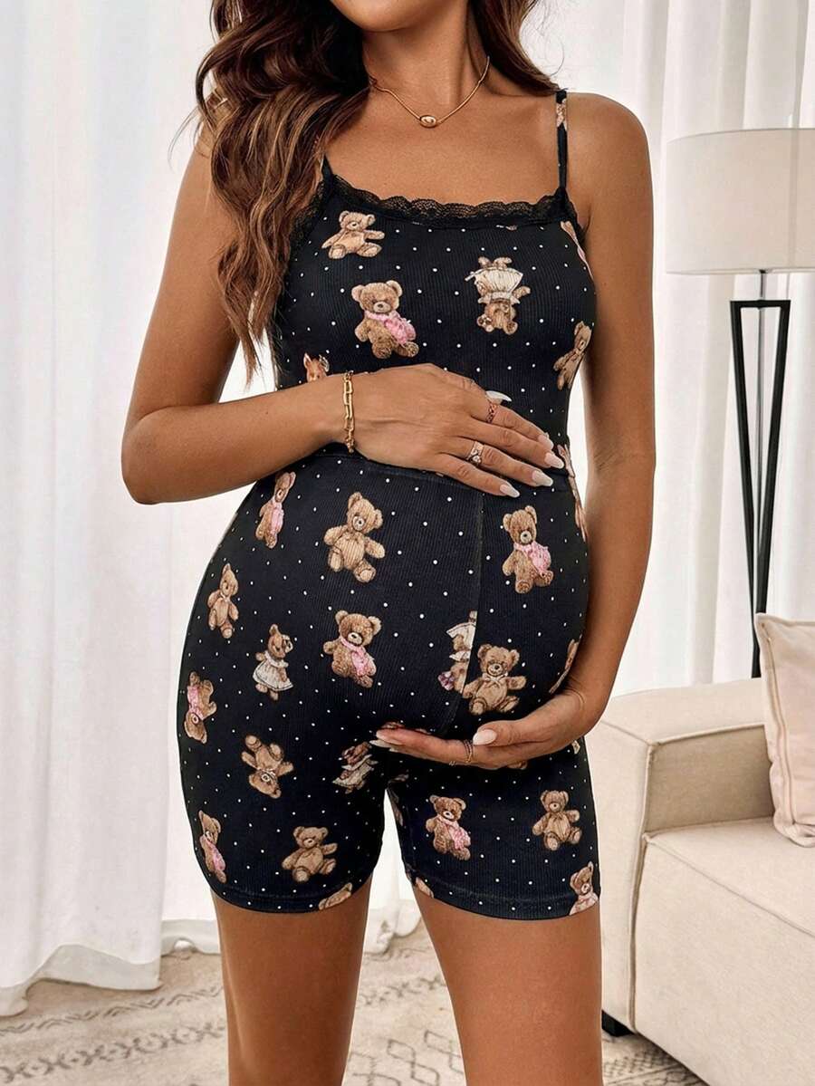 Teddy Bear & Polka Dot Print Maternity 2-Piece Cami Set - Lace Trim Ruffle Crop Top & Shorts Set with Cold Shoulder Detail