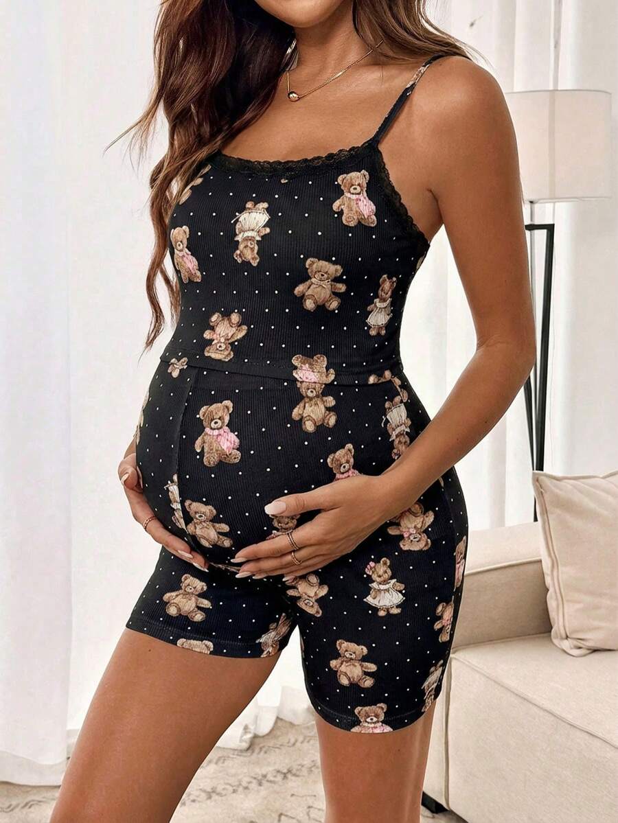 2-Piece Maternity Pajama Set – Bear Print Camisole & Shorts