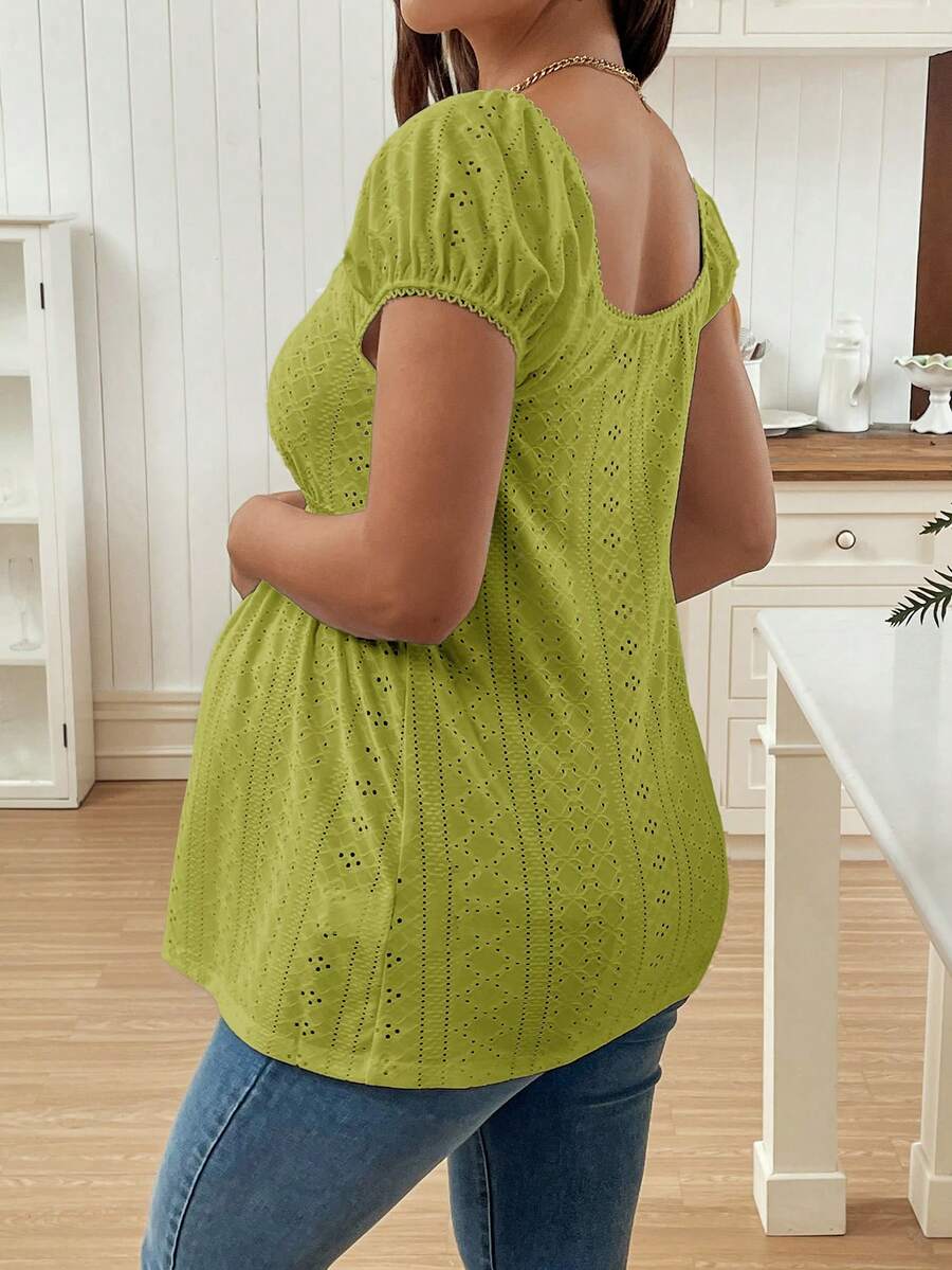 Green Square Neck Puff Sleeve Maternity Top - Elegant Ruched Textured Jacquard Flared Hem Long Sleeve Pregnancy T-Shirt