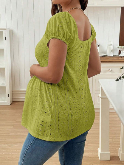 Green Square Neck Puff Sleeve Maternity Top - Elegant Ruched Textured Jacquard Flared Hem Long Sleeve Pregnancy T-Shirt