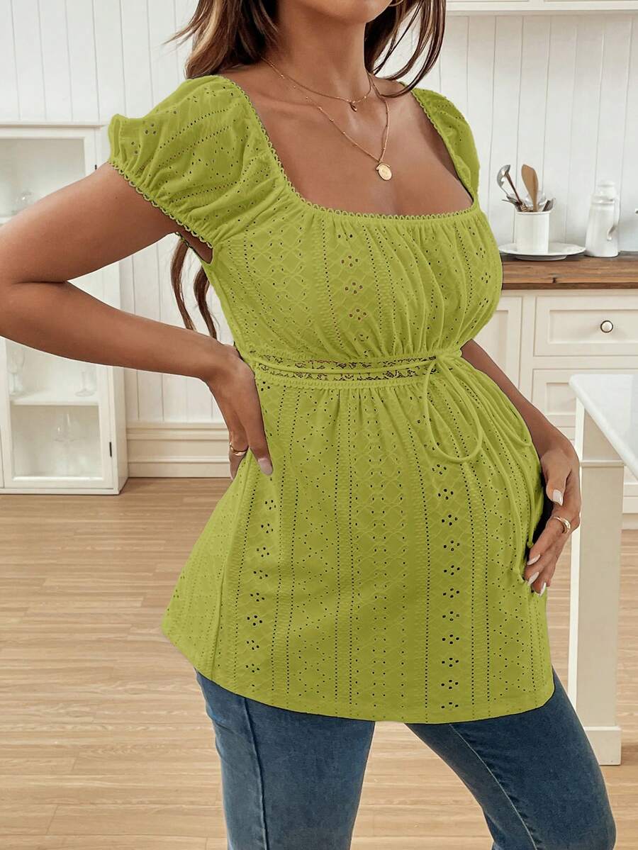 Maternity Square Neck Top - Puff Long Sleeve, Flared Hem, Regular Fit, Red