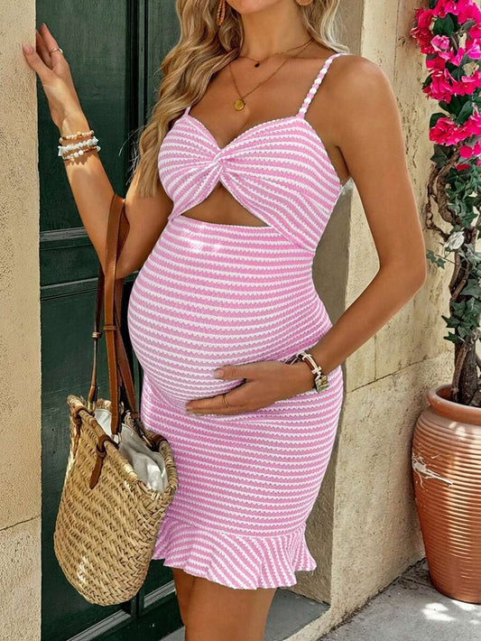 Maternity Pink Striped Cutout Spaghetti Strap Bodycon Dress Sexy Sleeveless Baby Shower Beach Vacation Mini Dress