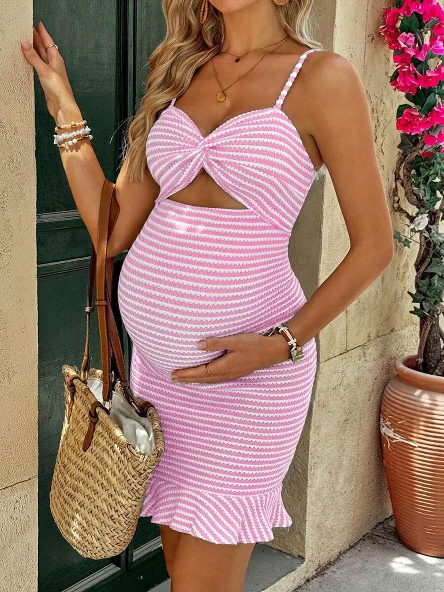 Maternity Sleeveless Striped Twist Front Hollow Out Bodycon Dress Slim Fit Orange Knit Spaghetti Strap Beach Mini Dress