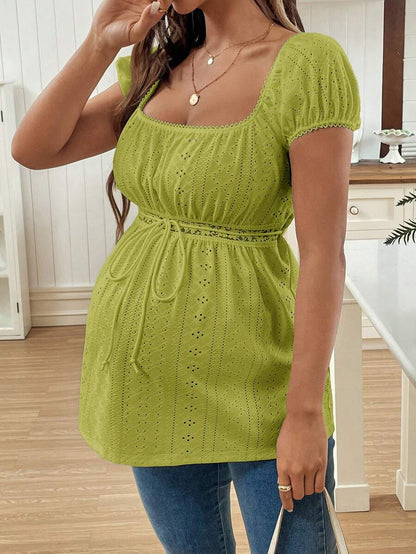Green Square Neck Puff Sleeve Maternity Top - Elegant Ruched Textured Jacquard Flared Hem Long Sleeve Pregnancy T-Shirt