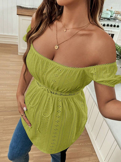 Green Square Neck Puff Sleeve Maternity Top - Elegant Ruched Textured Jacquard Flared Hem Long Sleeve Pregnancy T-Shirt