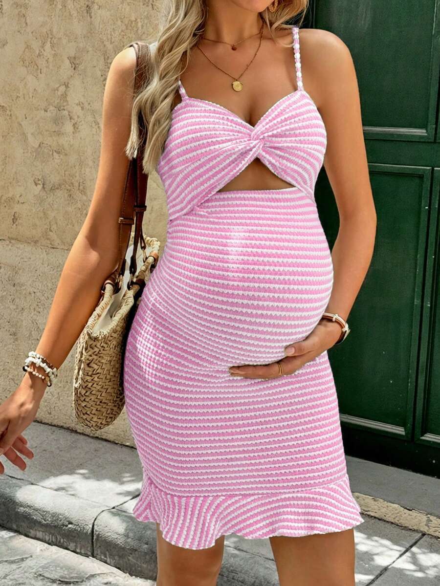 Maternity Sleeveless Striped Twist Front Hollow Out Bodycon Dress Slim Fit Orange Knit Spaghetti Strap Beach Mini Dress