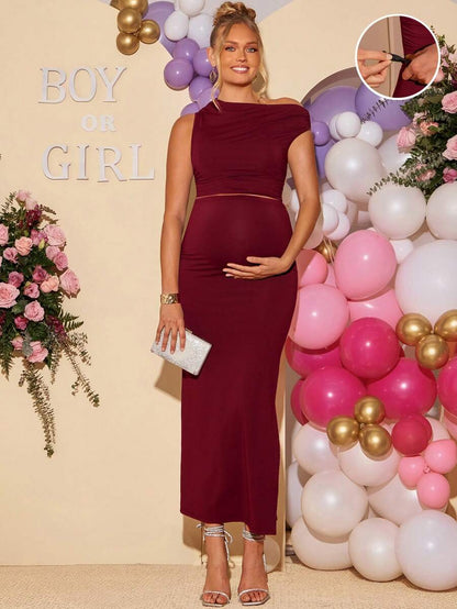 2 Piece Maternity Set Elegant Burgundy Asymmetrical Neck Cropped Top and Adjustable High Waist Skirt for Baby Shower Gender Reveal and Wedding Guest