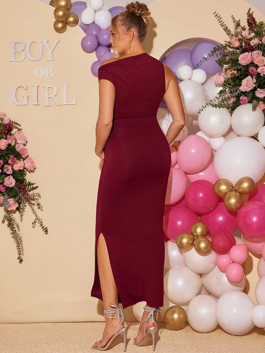 2 Piece Maternity Set Elegant Burgundy Asymmetrical Neck Cropped Top and Adjustable High Waist Skirt for Baby Shower Gender Reveal and Wedding Guest