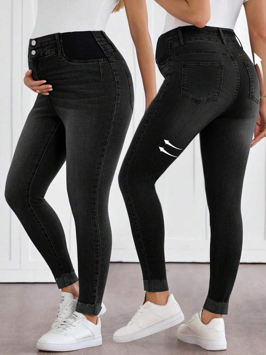 Light Wash Slim Fit Maternity Cropped Jeans with Contrast Belt Loop Detail – Elastic Waist Skinny Denim for Country Concerts & Casual Wear