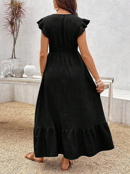 Women's Blue Maternity Deep V Neck A-Line Dress with Shirred High Waist and Ruffle Hem Cap Sleeve Long Casual Summer Gown