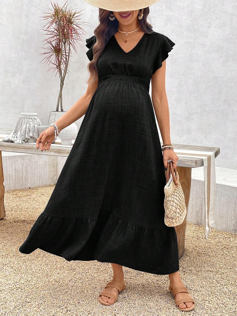 Women's Blue Maternity Deep V Neck A-Line Dress with Shirred High Waist and Ruffle Hem Cap Sleeve Long Casual Summer Gown