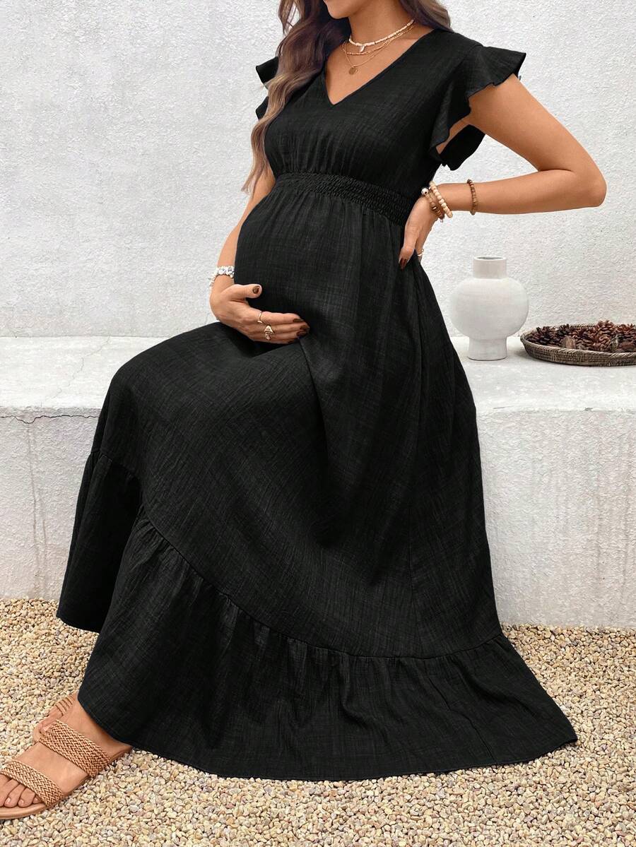 Women's Blue Maternity Deep V Neck A-Line Dress with Shirred High Waist and Ruffle Hem Cap Sleeve Long Casual Summer Gown